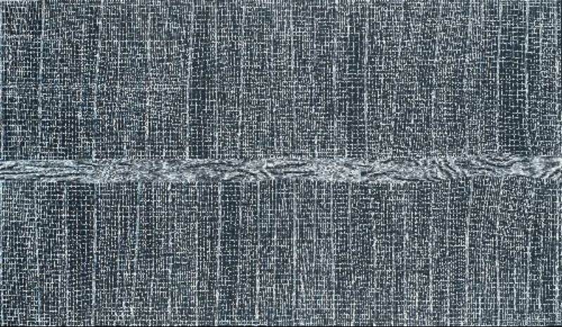 Dorothy Napangardi Mina Mina 2000 acrylic on linen featuring a monumental black and white composition with a horizontal salt pan crossing finely dotted vertical pathways.