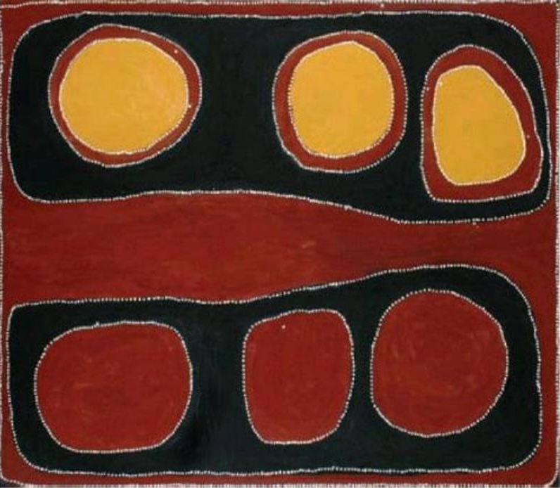 Abstract Aboriginal painting with a deep red background divided by two broad black horizontal bands. Three large golden ochre circles sit inside the upper black band, while three large deep red circles sit inside the lower black band. A wide red strip separates the two bands across the centre. Every shape is outlined with fine white dotted lines, creating strong contrast between the black, red and ochre colours.