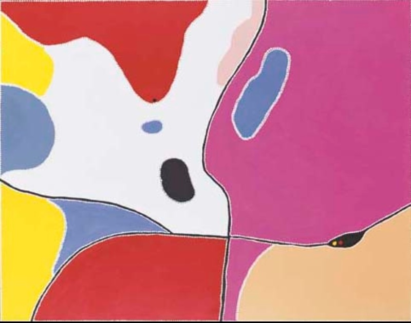 Freddie Timms Sugar Bag, 1997, large painting with vivid pink, red, yellow, blue, white, black and peach fields representing East Kimberley Country