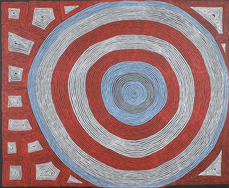 Ronnie Tjampitjinpa Full Moon 2006 painting, with a monumental central circle of concentric red, white, blue and grey bands surrounded by smaller geometric motifs.