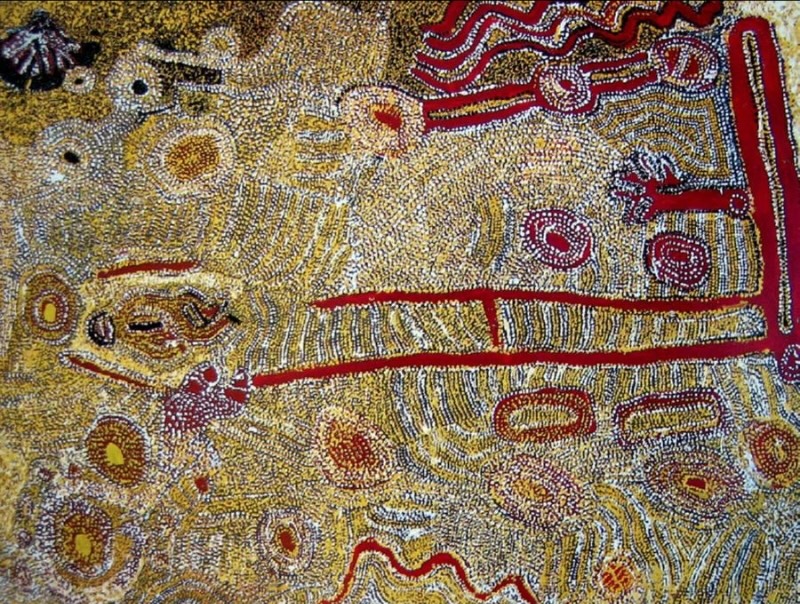 Wimmitji Tjapangarti's Artist's Country, 1990, with long red pathways, circular sites and dense fields of yellow, white, ochre and red dotting across the canvas.