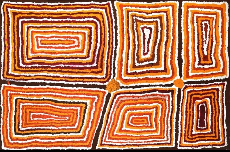 Tjumpo Tjapanangka Men's Law Painting 1998, with six rectangular forms made from concentric bands of white, black, red, orange and ochre.
