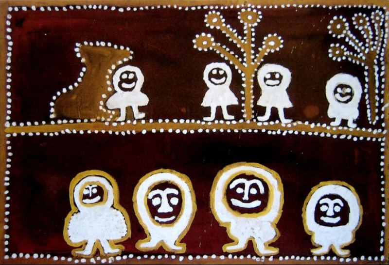 Tumpun at Tjiwurratjiwurra by Paddy Jaminji, 1987, showing groups of white human-like figures, trees and a large ochre form outlined with dots.