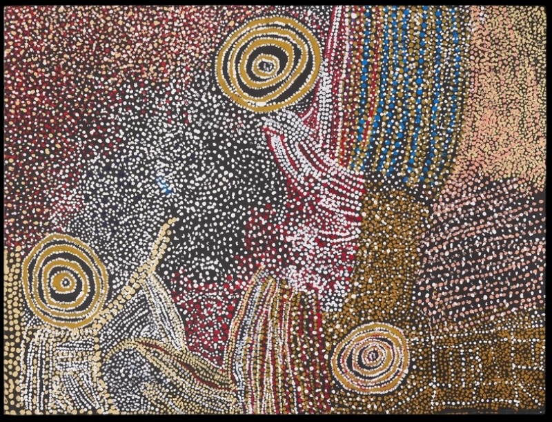 Country Around Ayres Rock 2006 by Bill Whiskey Tjapaltjarri, depicting rockholes and densely dotted ancestral Country around Uluru.