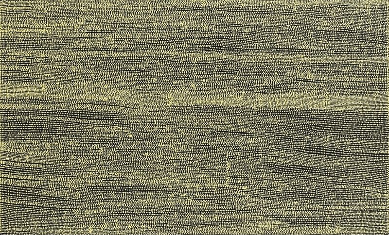 Rectangular abstract painting with countless small cream dots on a black background. The dots form flowing horizontal bands that gently ripple across the canvas, creating the appearance of a shimmering, textured landscape.