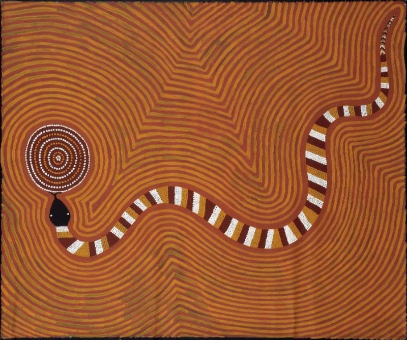 Turkey Tolson Tjupurrula Snake Dreaming, 1994. Aboriginal painting showing a striped snake winding across an orange field of fine parallel lines towards a concentric circle at the left.