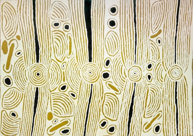 Ningura Napurrula Women’s Ceremony, 2010, with four concentric roundels linking vertical linear forms in ochre, black and white.