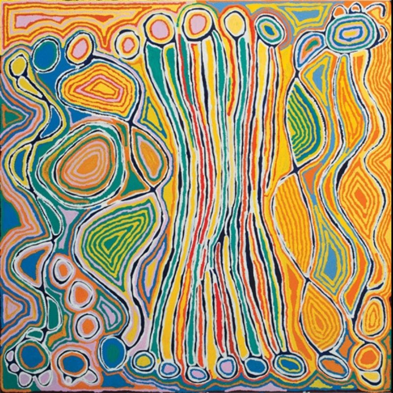 Colourful Aboriginal painting by Judy Napangardi Watson with long vertical bands rising between rounded forms, surrounded by concentric circles, leaf-like shapes and flowing lines in orange, yellow, green, blue, pink and white.