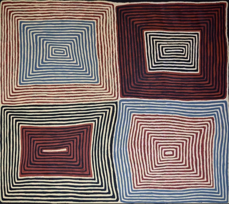 Ronnie Tjampitjinpa Tingari Dreaming – Nyinaraguminya Swamp 2002 painting, with four large concentric rectangular forms in red, blue, black and cream.