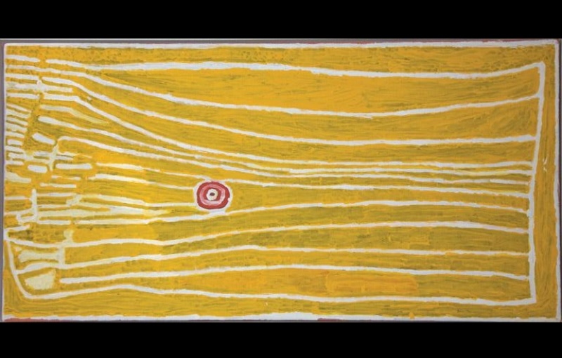 Tjumpo Tjapanangka Wilkinkarra 2006 painting, with long white parallel lines crossing a yellow ochre field and a small red and white concentric circle near the centre.
