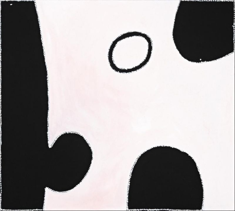 Abstract Aboriginal painting by Paddy Bedford with luminous white and pale pink washes, bold black landforms and a single white-ringed waterhole representing Middle Brand in Gija Country.