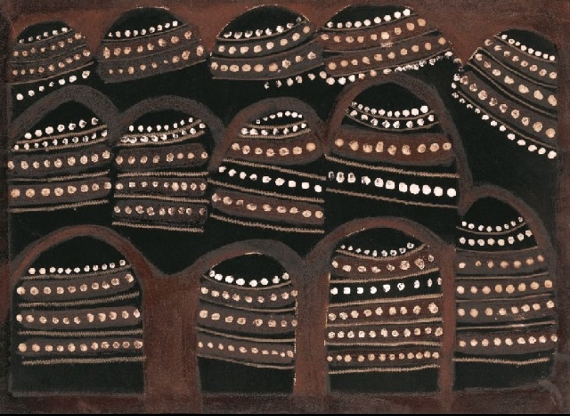Jack Britten Joowooliny Country 1990 earth pigment painting with layered striped hills of East Kimberley Country
