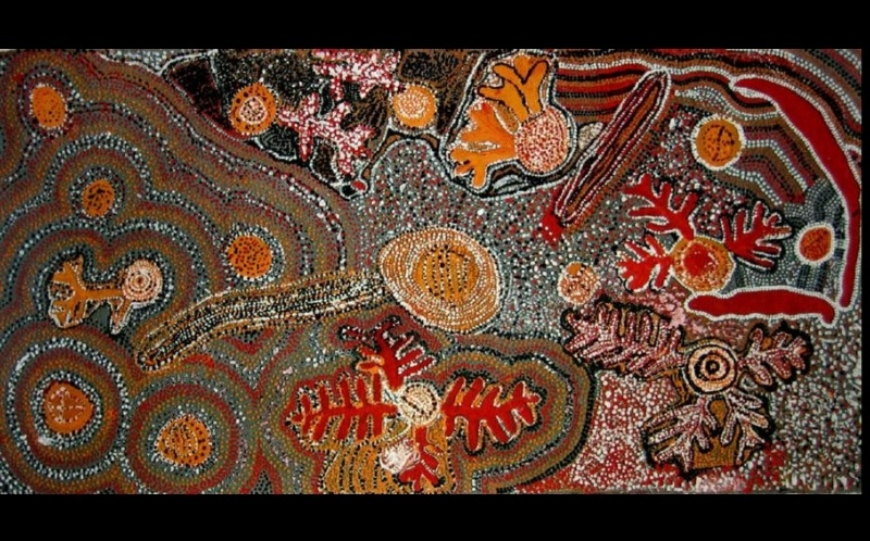 Wimmitji Tjapangarti's Women's Dreaming, with concentric circles, branching figures, elongated forms and dense red, white and ochre dotting across the canvas.