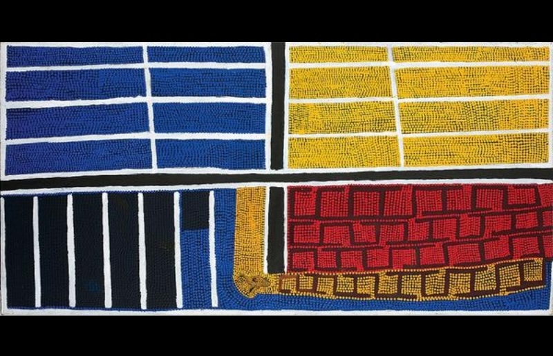Boxer Milner’s Purkitji (Sturt Creek) (2003), with blue and yellow dotted bands above contrasting black, red and ochre geometric fields divided by strong white and black lines.