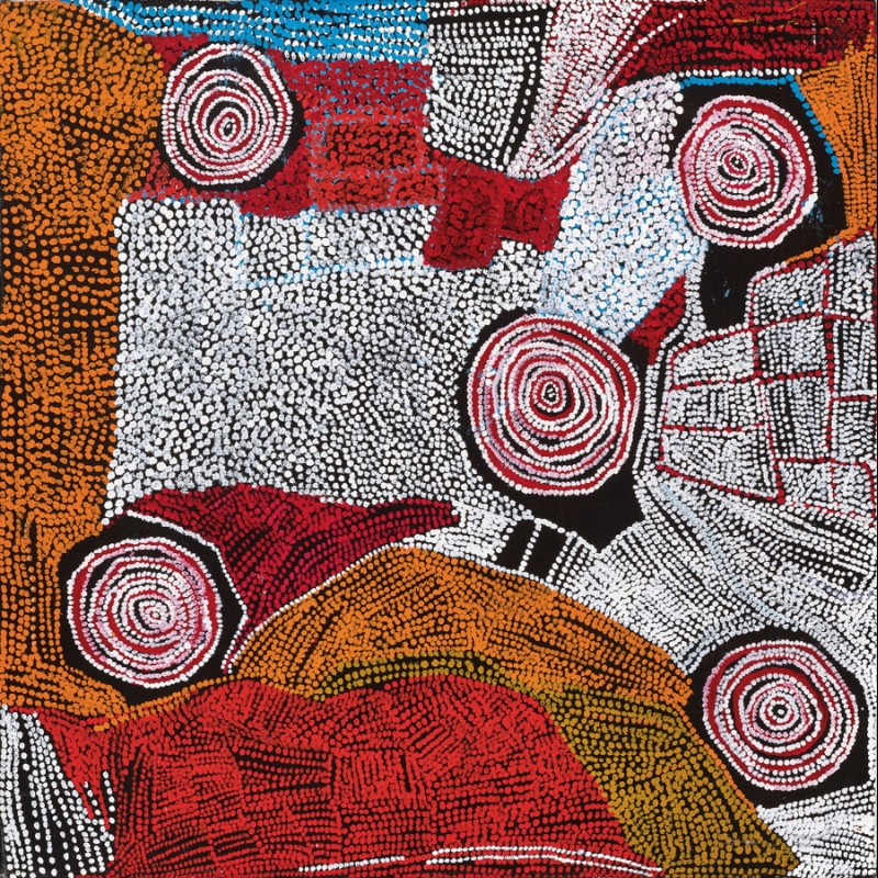 Rockholes Near the Olgas 2008 by Bill Whiskey Tjapaltjarri, with five concentric rockholes amid vivid red, orange, blue, black and white dotted Country.