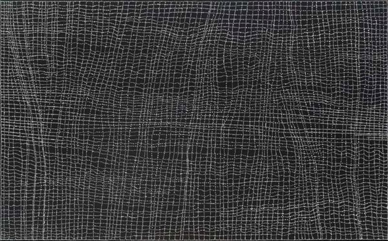 Abstract painting of tiny white dots on a black background. Fine dotted lines form a dense grid of intersecting horizontal and vertical bands that gently bend and ripple across the canvas, creating a shimmering woven texture.