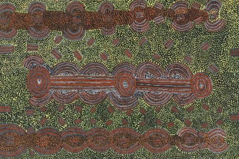 Turkey Tolson Tjupurrula Napaltjarri Dreaming 1973 early Papunya board painting with concentric circles, connecting bars and Porcupine Dreaming motifs.