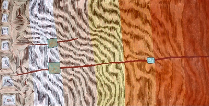 Ronnie Tjampitjinpa Fire and Water Dreaming 2001 painting, with dense fields of fine white, yellow and orange lines crossed by red pathways and small concentric rectangular motifs