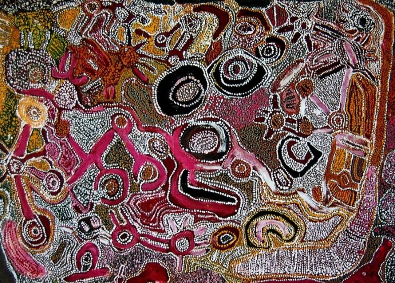 Wimmitji Tjapangarti's The Artist's Country at Kurra, with dense white dotting, concentric circles, winding pathways and irregular pink, red, ochre, black and green forms.