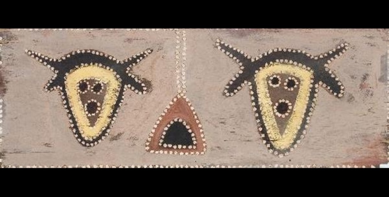 Devil Devil (Manginta) by Paddy Jaminji, 1985, a Gurirr Gurirr ceremonial painting in natural earth pigments on board.