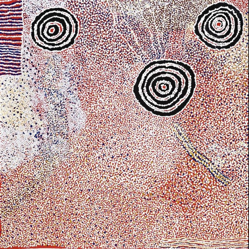 Rock Holes and Country Near the Olgas 2007 by Bill Whiskey Tjapaltjarri, with concentric rockholes surrounded by dense shimmering dot fields.