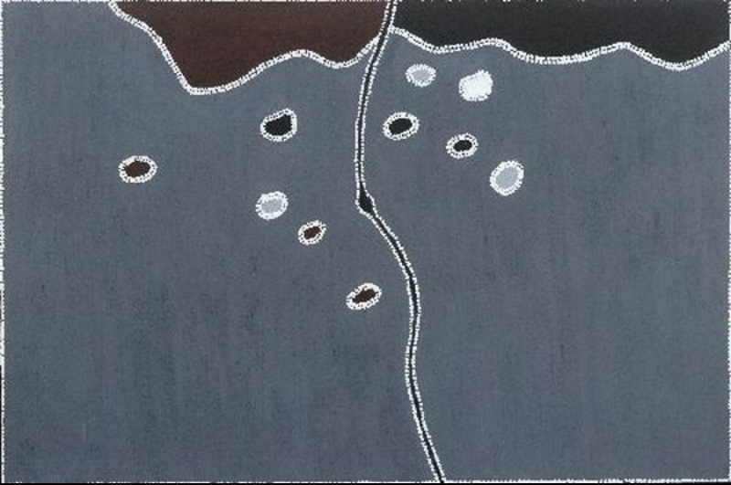 Freddie Timms Blackfella Creek, 2005 – East Kimberley Aboriginal landscape painting with dark grey Country, waterholes, creek lines and white dotted boundaries