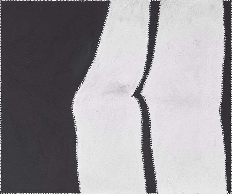 Minimalist Aboriginal painting divided into broad vertical bands of black and pale cream. A large black field occupies the left side, while two narrow black vertical bands run through the centre and along the right edge. The cream areas between them create broad flowing shapes. Fine white dots outline every black form and the outer border, producing a stark, high-contrast composition.