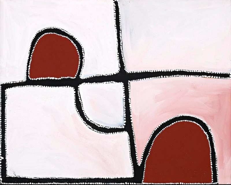 Abstract painting by Paddy Bedford with luminous pale pink and white ochre fields intersected by black linear forms and two deep red landform motifs outlined with white dots.