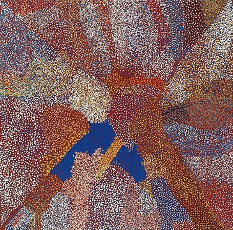 Country Near the Olgas 2006 by Bill Whiskey Tjapaltjarri, a densely dotted Western Desert painting of his ancestral Country near Kata Tjuta.
