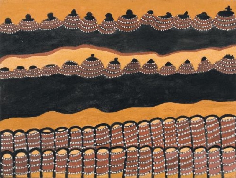 Biganinny Country (Mt Clarke), 1999 by Jack Britten, with rows of striped rounded hills separated by broad black and yellow ochre bands across the landscape.