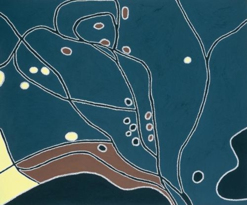 Freddie Timms Untitled, 2003 – East Kimberley Aboriginal landscape painting with a dark blue-black ground, winding white dotted lines and brown, yellow and white features