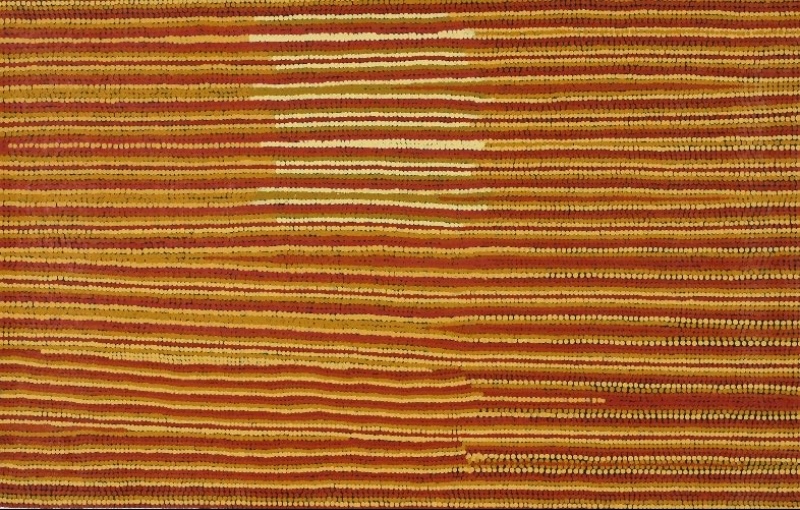 Turkey Tolson Tjupurrula Men's Ceremony, Kintore, 1993. Aboriginal painting composed of dense horizontal ochre, yellow and reddish-brown lines with a lighter vertical band near the centre.