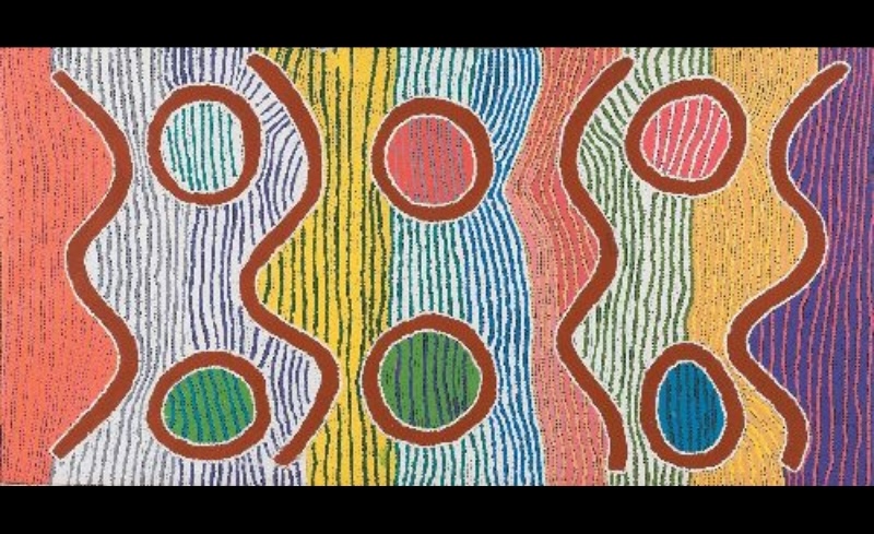 Maggie Watson Napangardi painting with six circular motifs and bold red-brown undulating lines set against vertical fields of pink, white, yellow, blue, green, orange and purple lines.