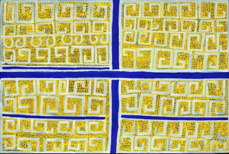 Boxer Milner’s Purkitji (2002), with repeated white hooked and angular forms arranged over densely dotted yellow fields, divided into four sections by strong blue and white lines.