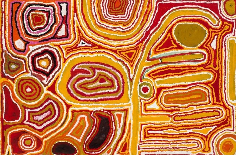 Tjumpo Tjapanangka Artist's Country (Norcampalika) 1995, with concentric circles and irregular geometric forms outlined in red, yellow, white, orange and black.
