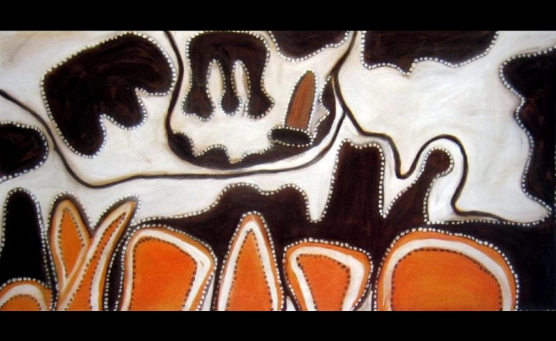 Tunnel Creek Dreaming Place by Paddy Jaminji, 1981, an early East Kimberley painting in earth pigments on board associated with the Krill Krill ceremony.