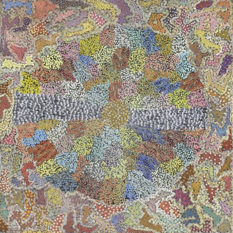 Dorothy Napangardi Untitled (Yuparli – Bush Banana) 1991 acrylic on linen depicting the Bush Banana Dreaming with colourful radiating forms.