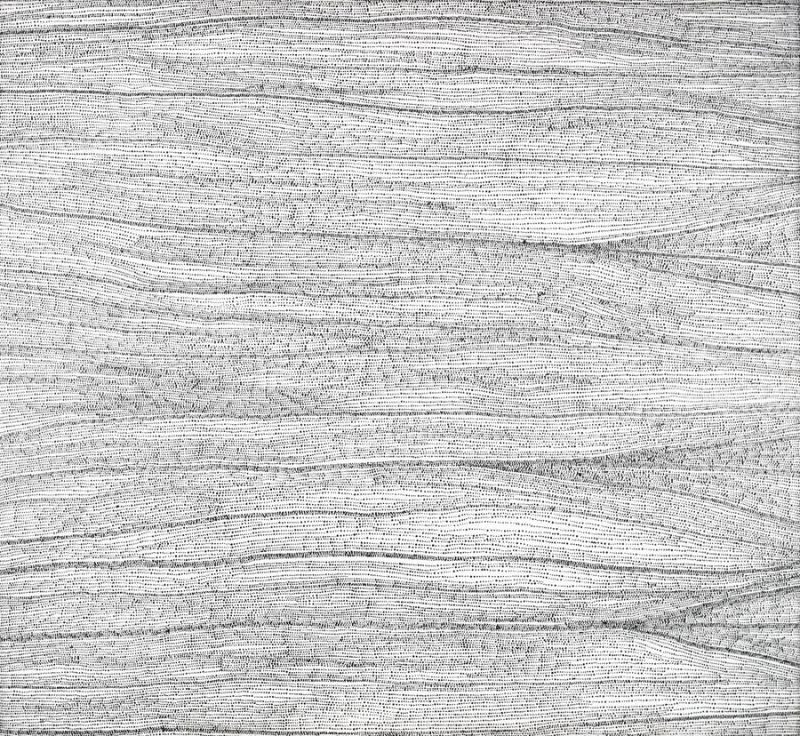 Abstract painting of thousands of tiny black dots on a white background. The dots form gently flowing horizontal bands that ripple across the canvas, creating layered wave-like patterns with subtle variations in density and direction.