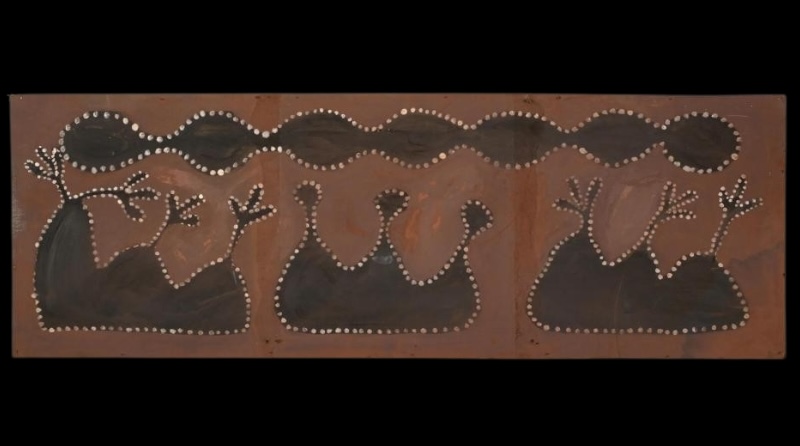 Bedford Station by Paddy Jaminji, 1979, an early Warmun painting in ochre on board depicting Bedford Station Country.