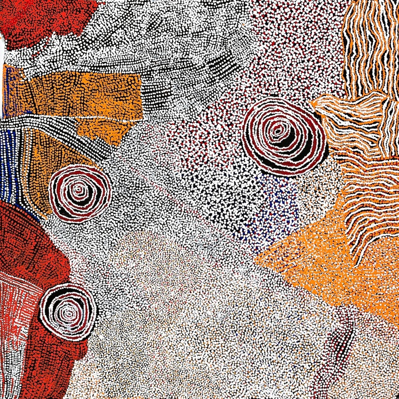 Rockholes and Country Near the Olgas 2008 by Bill Whiskey Tjapaltjarri, with three concentric rockholes amid dense white, red and ochre dotted Country.