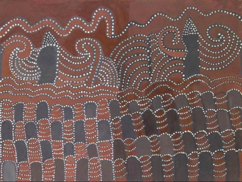 Nurragowiny, 1998 by Jack Britten, with rows of rounded striped hills below sweeping dotted curves and tall dark rock forms on a red-brown ground.