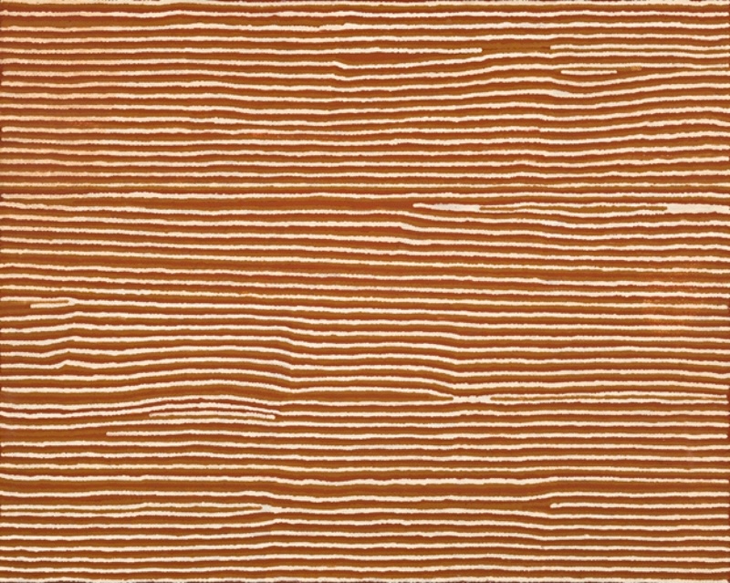 Turkey Tolson Tjupurrula Untitled 1999 Aboriginal painting with flowing horizontal white lines across a rich ochre ground in the artist's distinctive minimalist Pintupi style.
