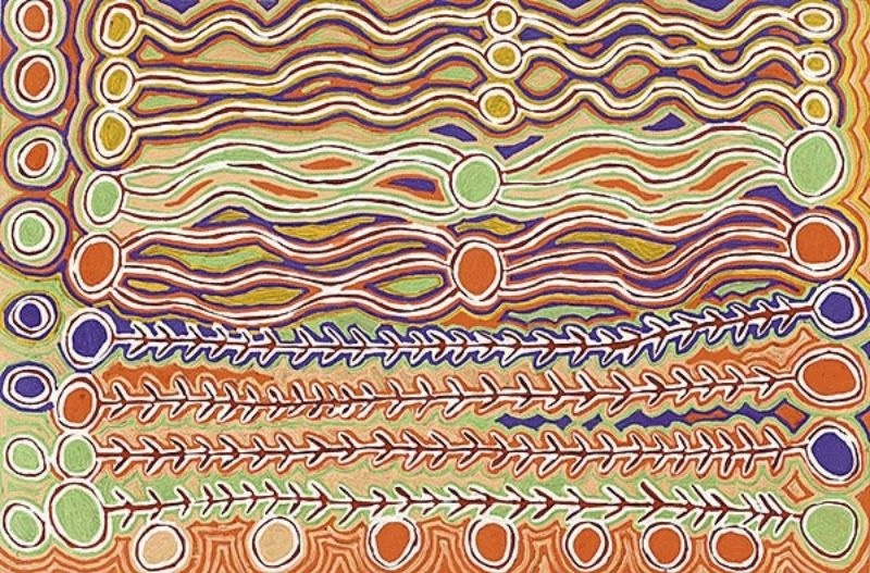 Judy Watson Napangardi painting with rows of flowing parallel lines, circular forms and long branching motifs arranged horizontally in cream, orange, purple, green and ochre.