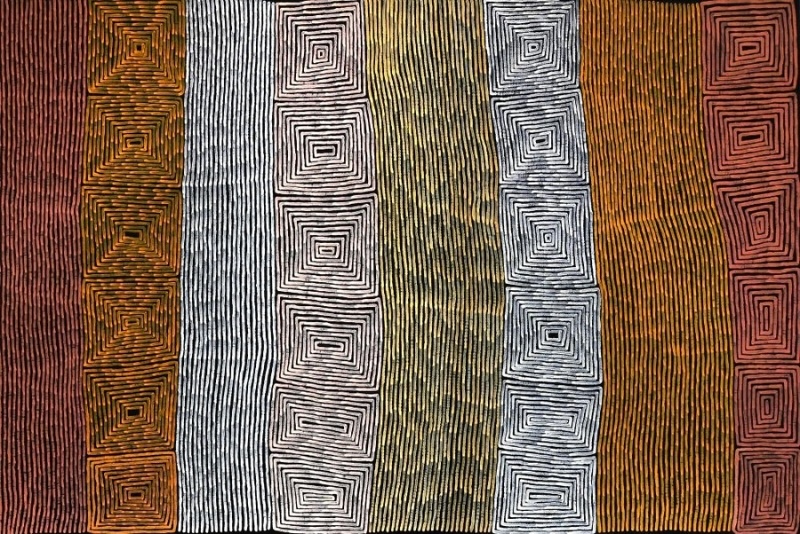 Ronnie Tjampitjinpa Tingari Dreaming 2004 painting, with vertical bands of fine red, white, yellow and ochre lines alternating with rows of concentric rectangular motifs