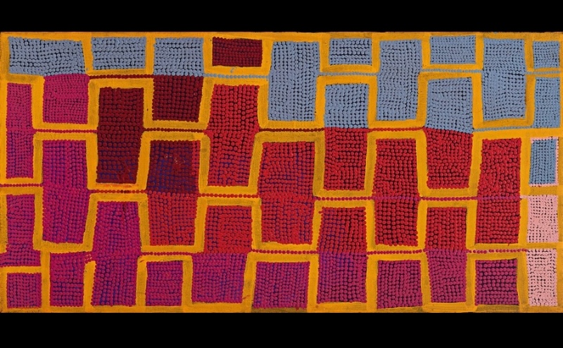 Boxer Milner’s Purkitji (2004), composed of interlocking rectangular fields of red, pink, purple and pale blue separated by strong yellow lines.