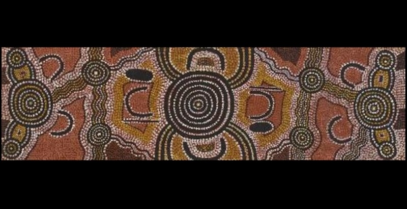 Aboriginal painting showing a horizontal composition of large concentric circles connected by winding parallel lines. White, black, ochre and pink dots create interconnected pathways across a reddish-brown background.