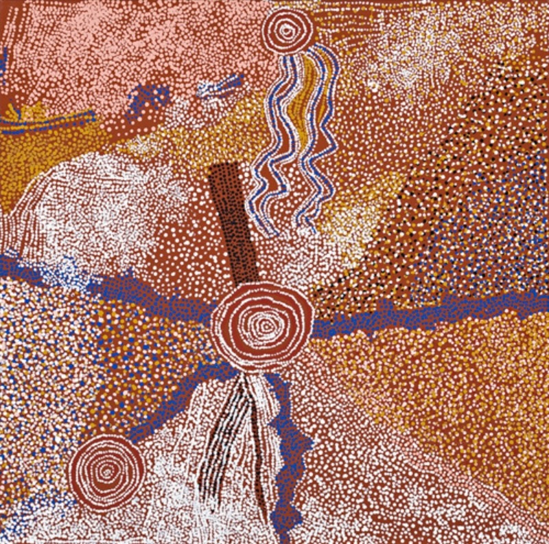 Rockholes and Sandhills Near the Olgas 2007 by Bill Whiskey Tjapaltjarri, depicting rockholes, sandhills and ancestral Country near Pirupa Akla.
