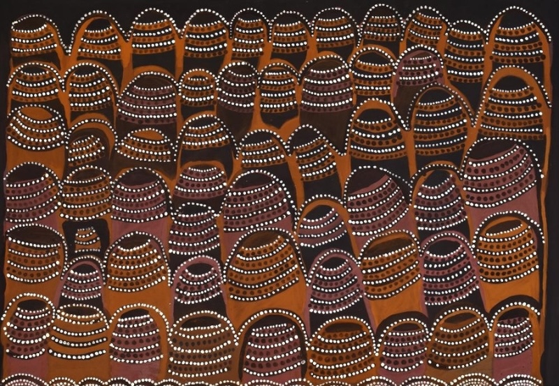 Jack Britten Purnululu 1993 earth pigment painting depicting the densely clustered striped sandstone domes of the Bungle Bungles