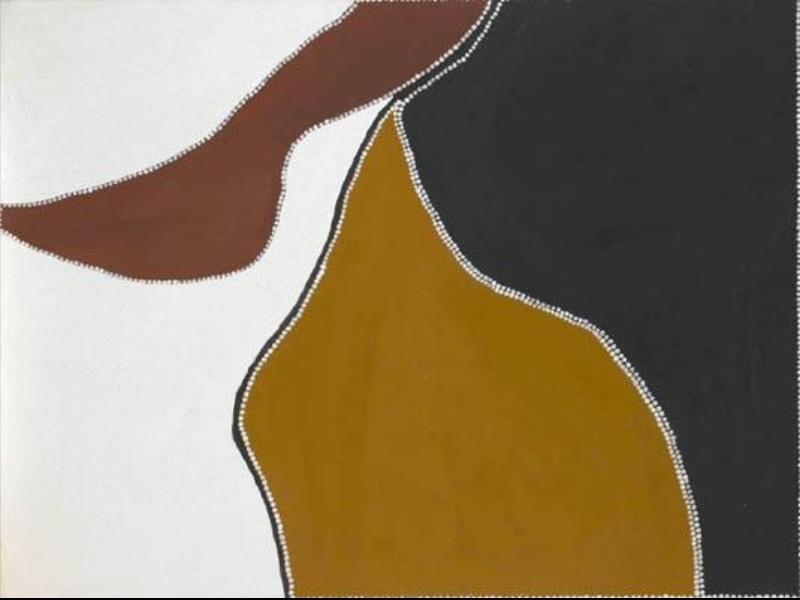 Freddie Timms Brumby Yard, Bow River Station 1998, with large black, yellow, brown and white ochre shapes edged with white dots