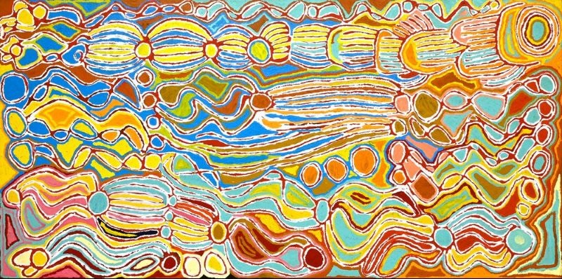 Colourful Judy Watson Napangardi painting with flowing bands, linked oval and circular forms, repeated U-shaped motifs and fine parallel lines in yellow, orange, blue, green, red and white.